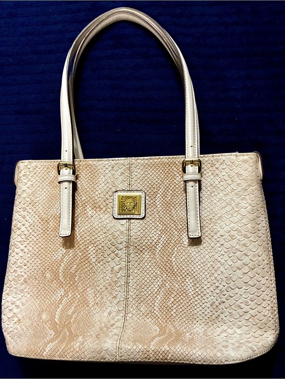 Cream Snake-Embossed Tote with Gold Accent Anne Klein